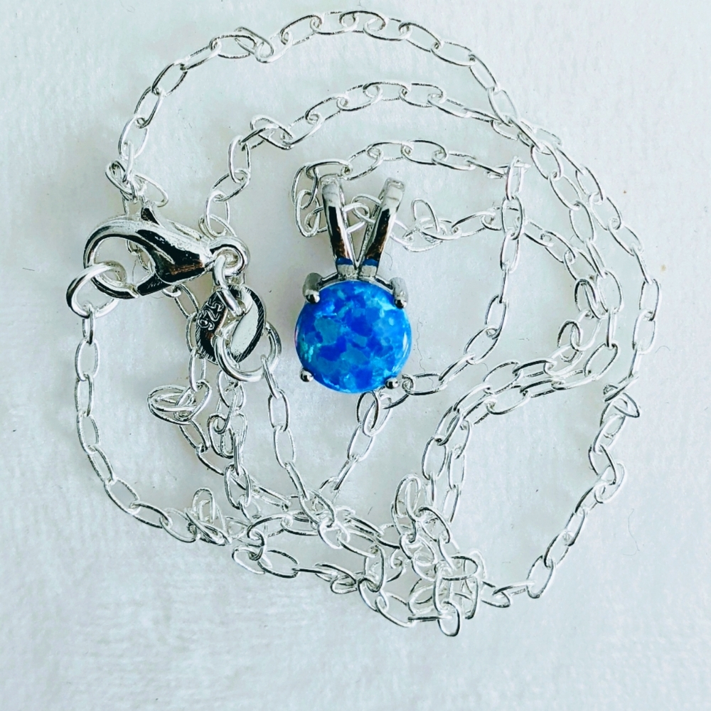 Necklace Solid Sterling Silver Blue  lab Opal Chain 18 "